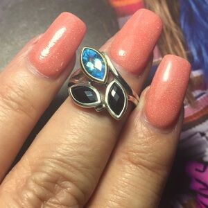 Beautiful Black Onyx & Ocean Blue Topaz Marquis Gems 18K & 925SS